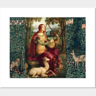 UNICORN AND LADY PLAYING LYRA ,FOREST ANIMALS, FOX ,DOES IN GREEN FLORAL Posters and Art